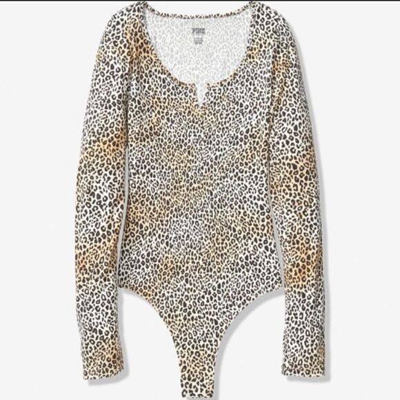 PINK VICTORIAS SECRET LEOPARD PRINT THONG BODYSUIT - Picture 1 of 13